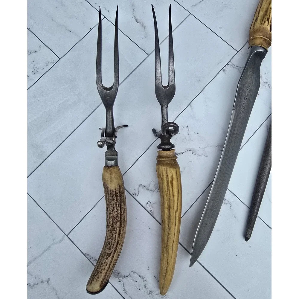 Antique Geo Wostenholm & Sons IXL Sheffield Stag Horn Handle 4pc Carving Set